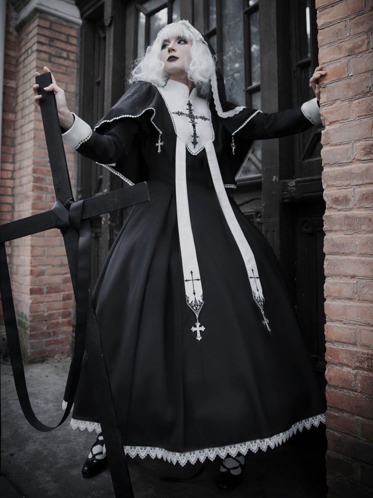 Goth Lolita Black Cross Pattern Maxi Dress Goth Prom Dress