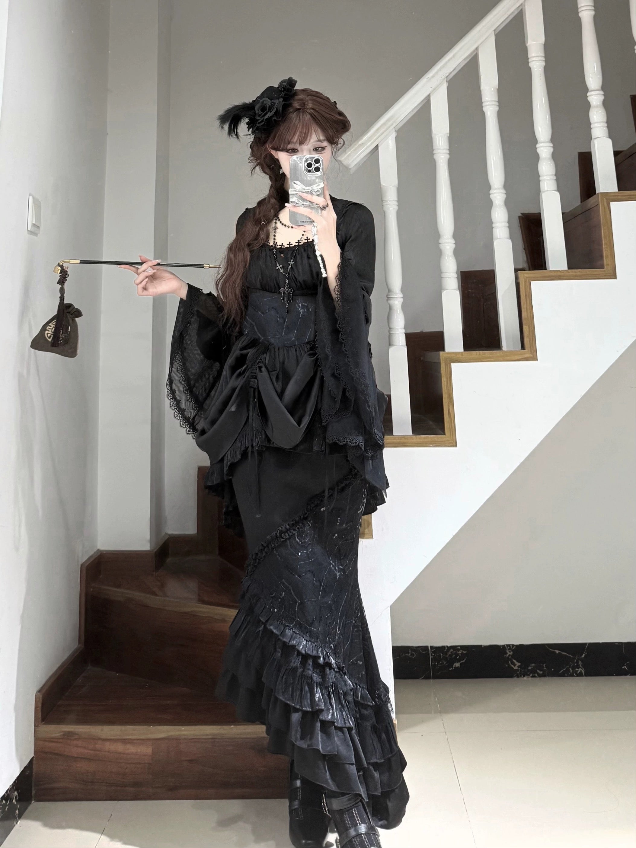 [Pre]Goth Lolita Black Mermaid Fishbone Halloween Cosplay Dark Plus Size Lolita Dress