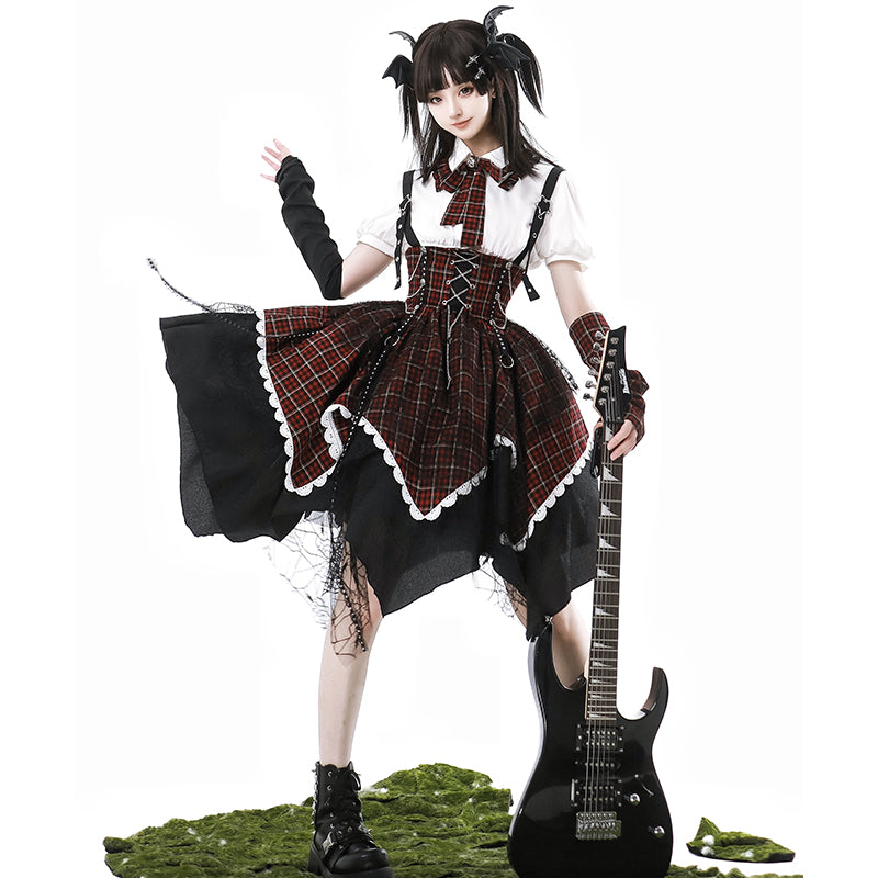 Goth Lolita Dress Plaid Accent Punk Lolita Ensemble red balck shirt skirt