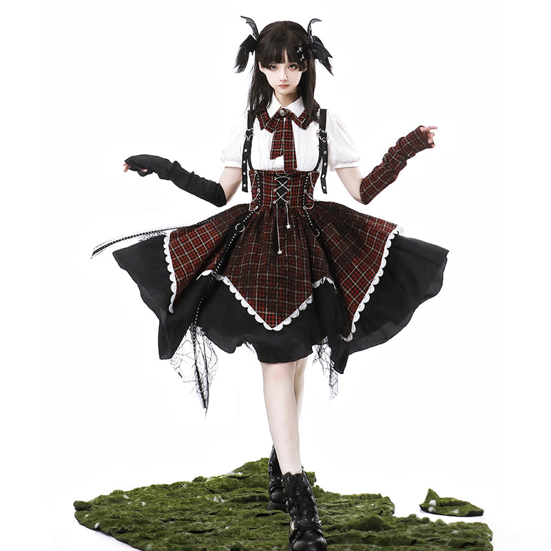 Goth Lolita Dress Plaid Accent Punk Lolita Ensemble red balck shirt skirt