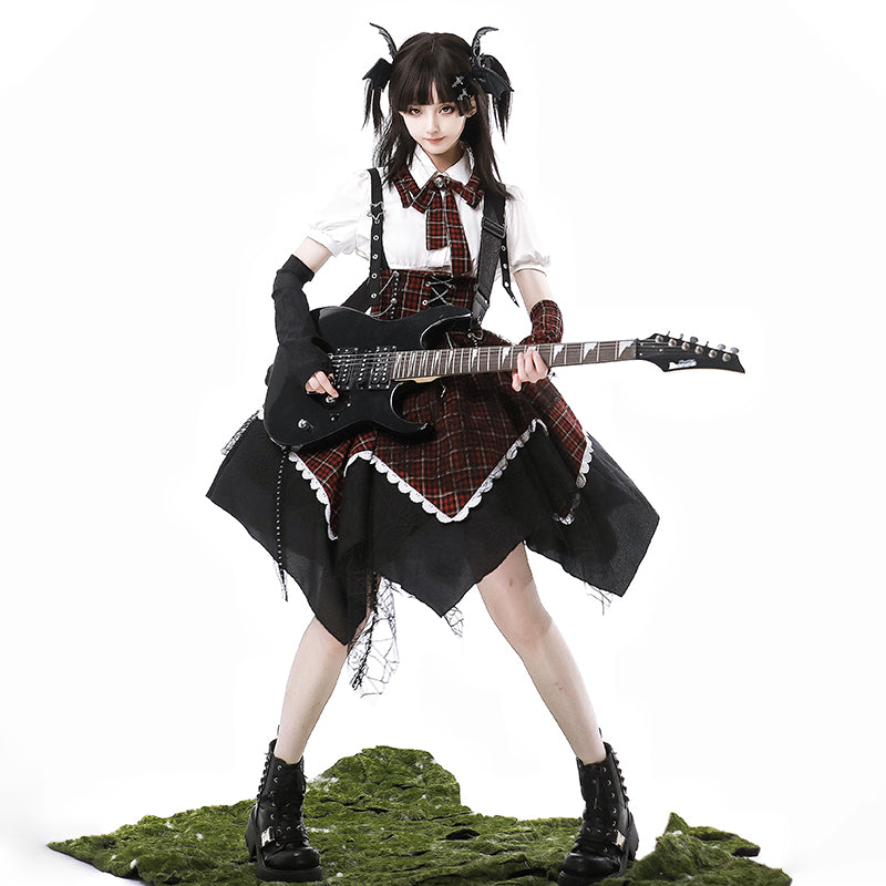 Goth Lolita Dress Plaid Accent Punk Lolita Ensemble red balck shirt skirt