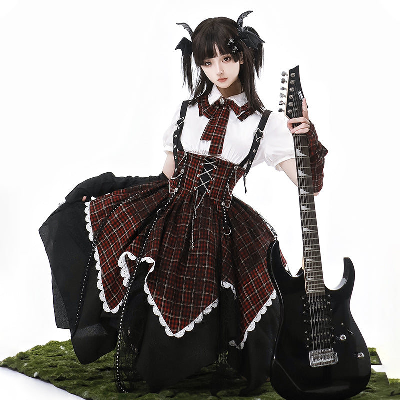Goth Lolita Dress Plaid Accent Punk Lolita Ensemble red balck shirt skirt