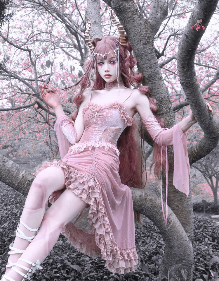 Goth Lolita Fishtail Dress with Pink Lace Sheer Sleeves Horned Parasol