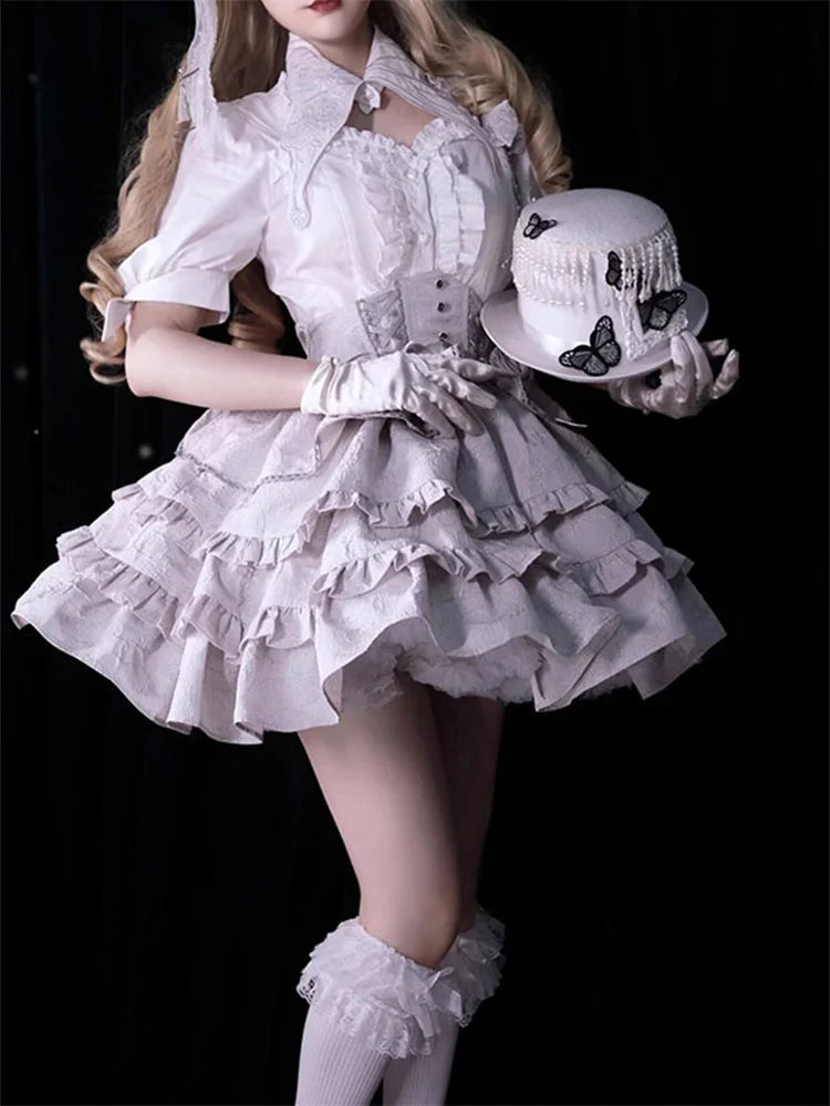 Goth Lolita Christmas Cos Silver Flower Shirt Skirt Set Fishbone Fluffy Princess Dress