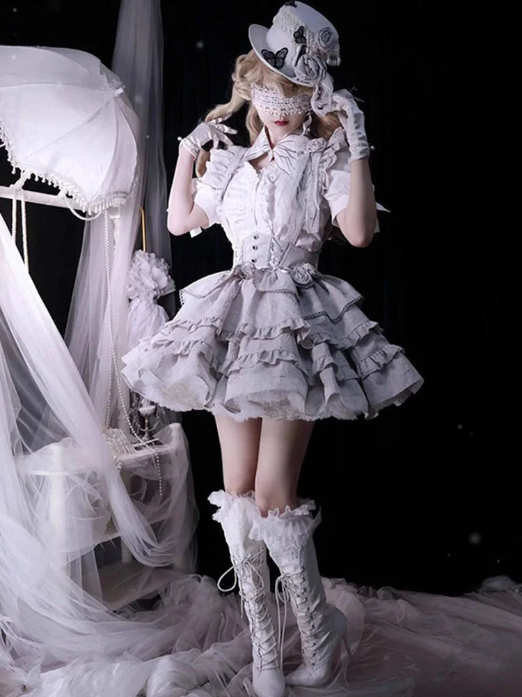 Goth Lolita Christmas Cos Silver Flower Shirt Skirt Set Fishbone Fluffy Princess Dress