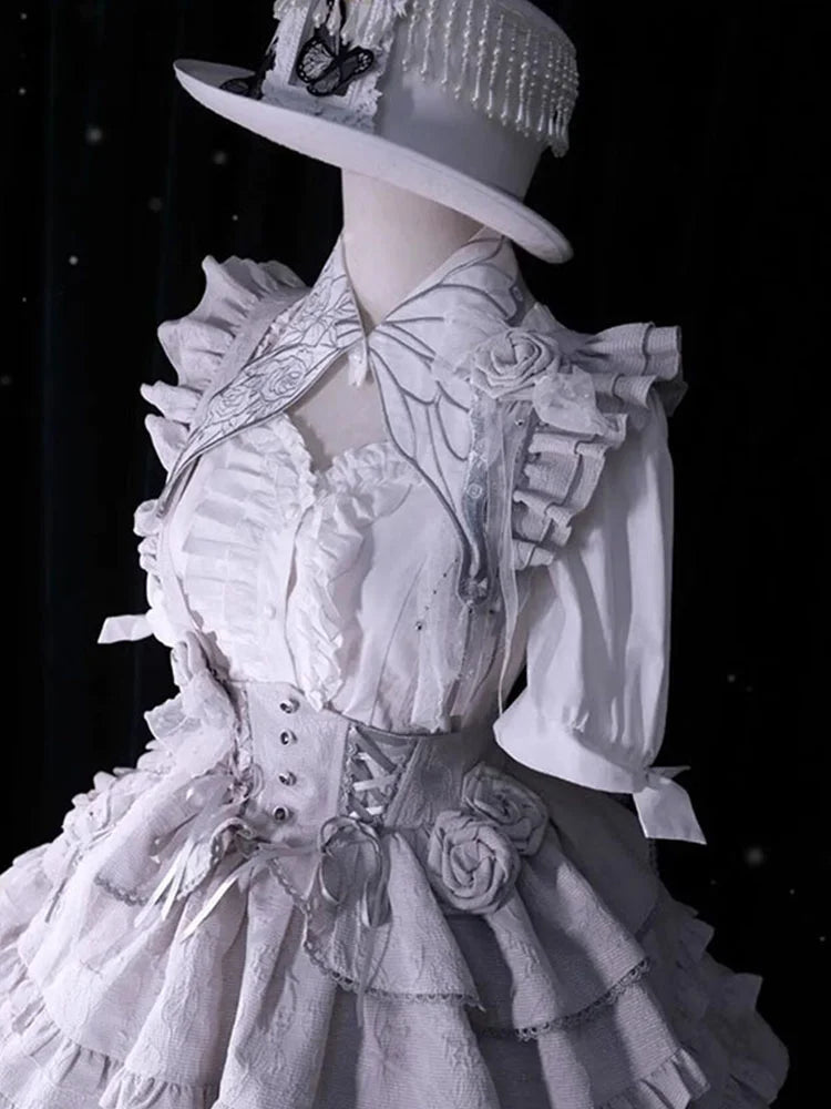 Goth Lolita Christmas Cos Silver Flower Shirt Skirt Set Fishbone Fluffy Princess Dress
