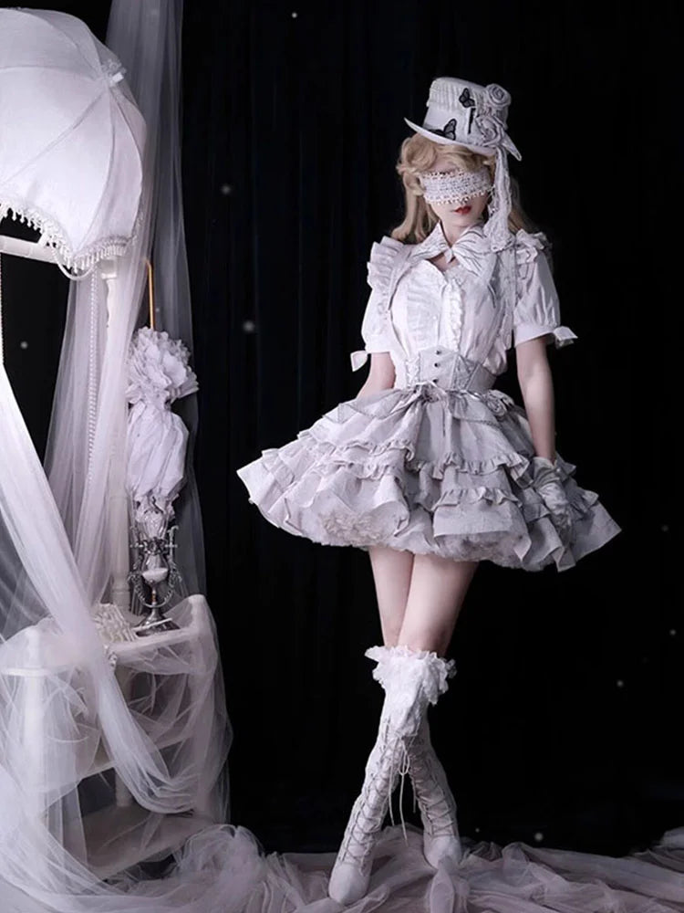Goth Lolita Christmas Cos Silver Flower Shirt Skirt Set Fishbone Fluffy Princess Dress