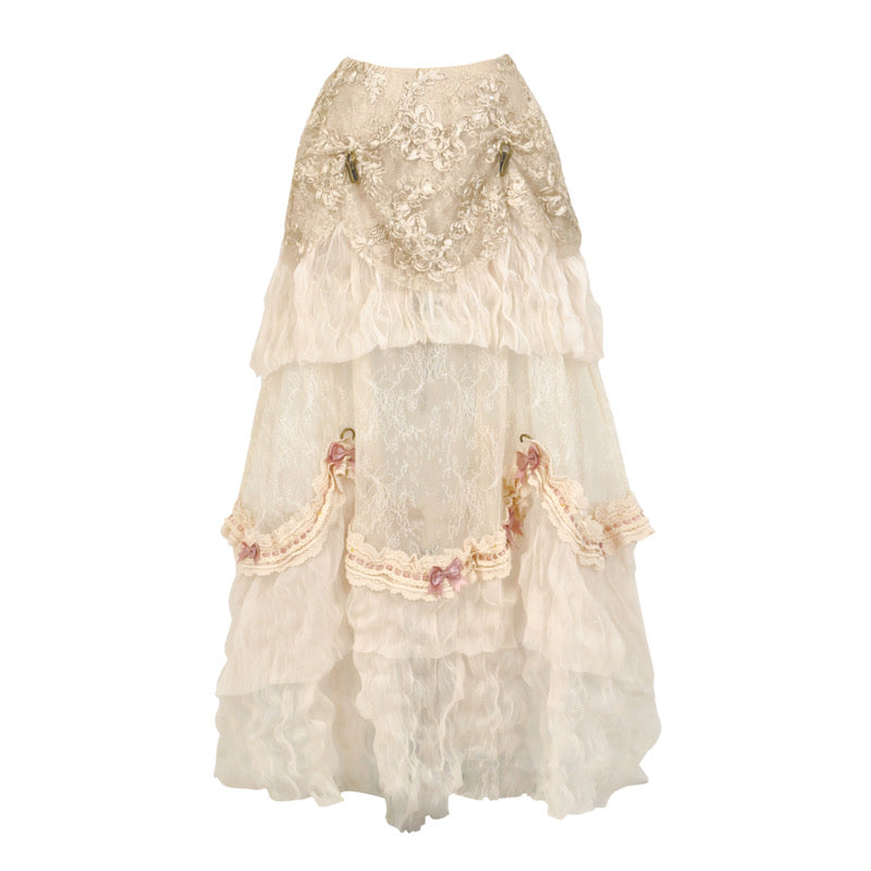 Goth Lolita Inspired Sweet Dark Lolita Skirt Embroidered Ruffled Apricot Skirt