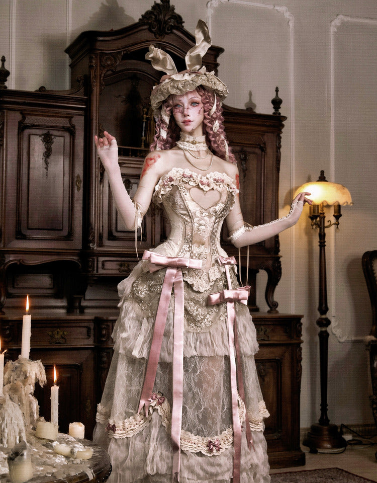 Goth Lolita Inspired Sweet Dark Lolita Skirt Embroidered Ruffled Apricot Skirt