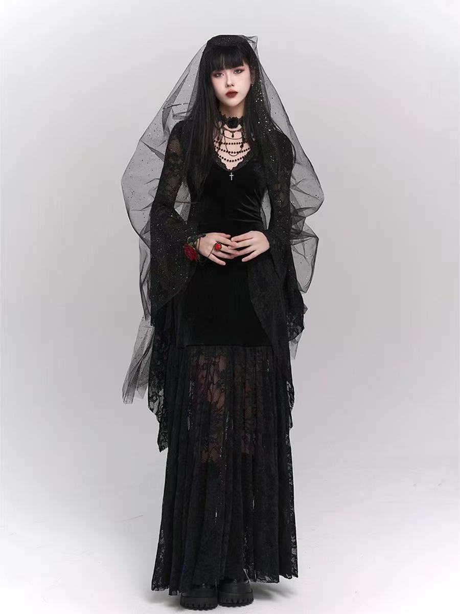 Goth Lolita Long Dress Black Medieval Ghost Dark Subculture Evening Lolita Dress