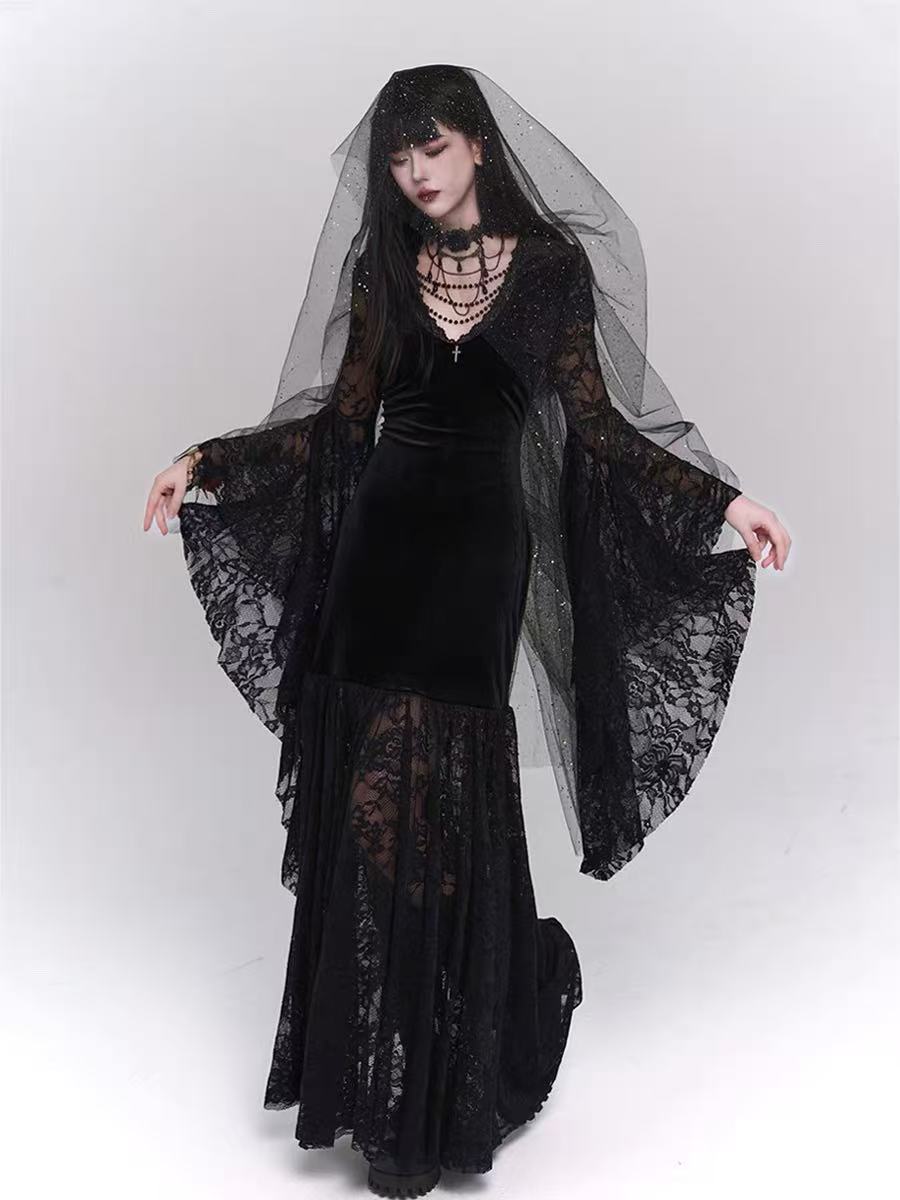 Goth Lolita Long Dress Black Medieval Ghost Dark Subculture Evening Lolita Dress