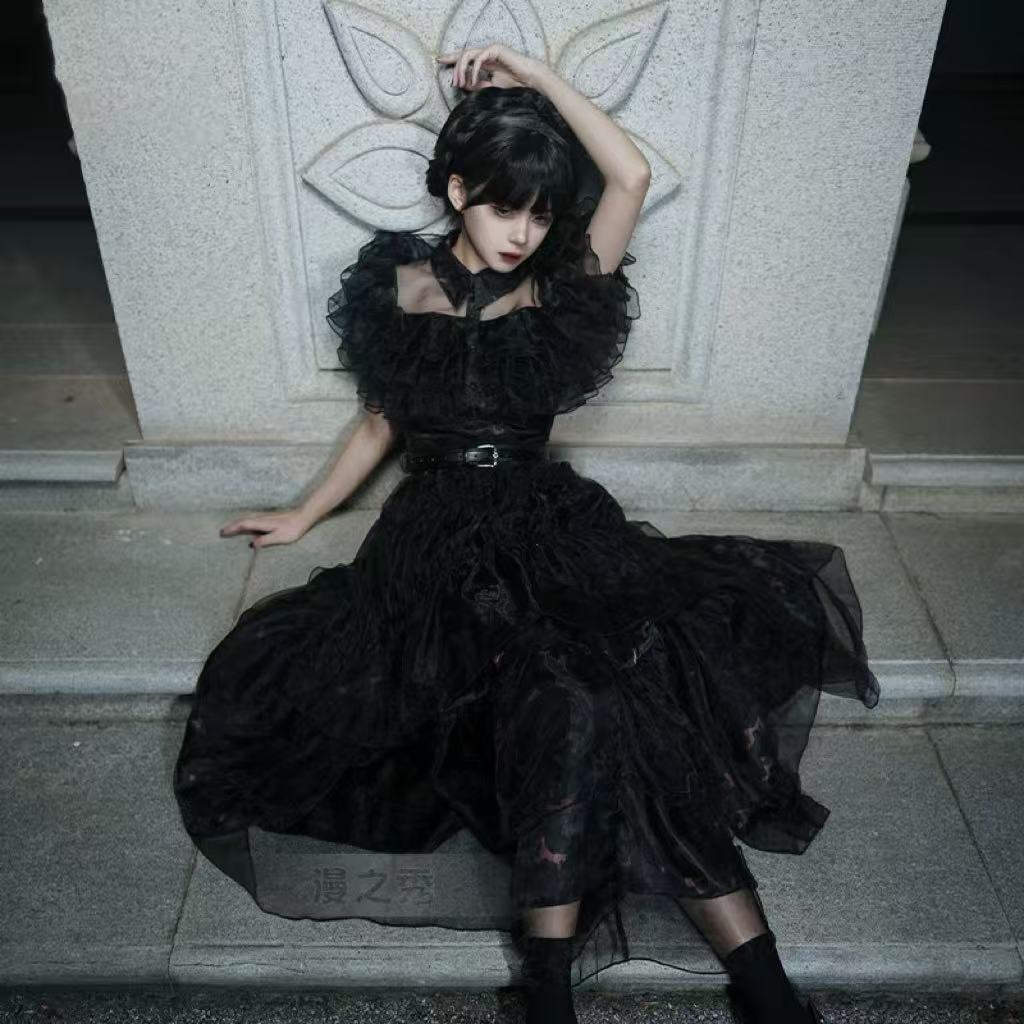 [Pre]Goth Lolita OP Black Cosplay Halloween Long Sleeve Lace Trim Dress
