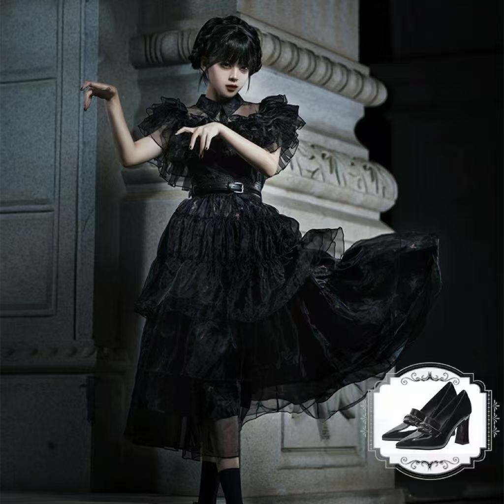 [Pre]Goth Lolita OP Black Cosplay Halloween Long Sleeve Lace Trim Dress