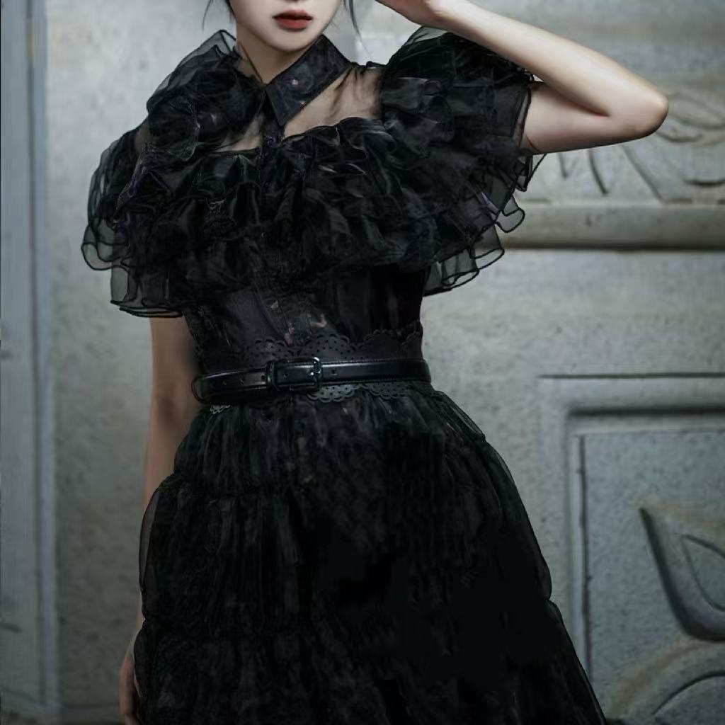 [Pre]Goth Lolita OP Black Cosplay Halloween Long Sleeve Lace Trim Dress