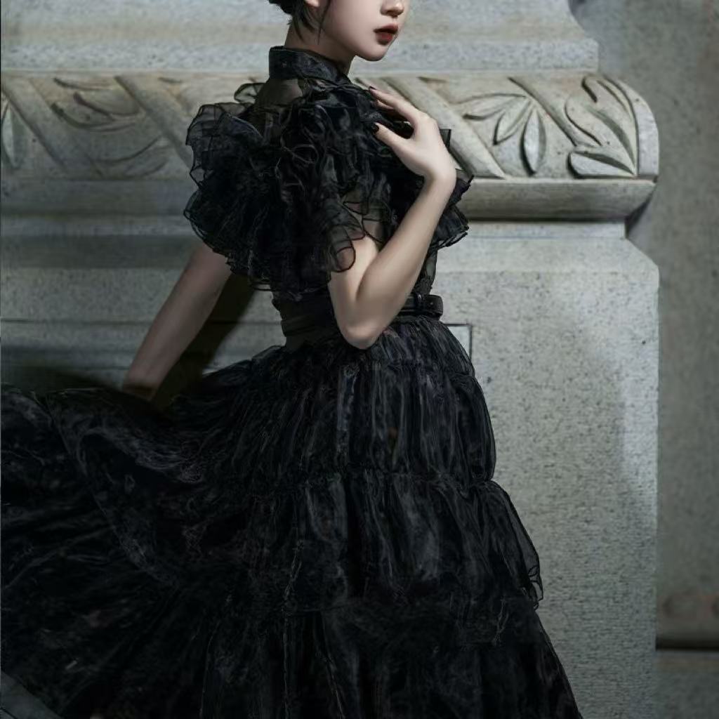 [Pre]Goth Lolita OP Black Cosplay Halloween Long Sleeve Lace Trim Dress