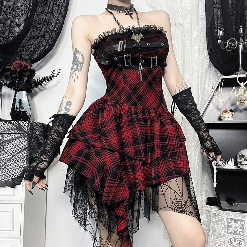 Goth Lolita Punk Lolita Black and Red Plaid Punk Dress Short Skirt JSK