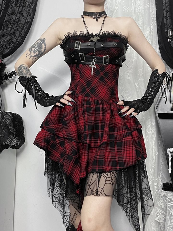 Goth Lolita Punk Lolita Black and Red Plaid Punk Dress Short Skirt JSK