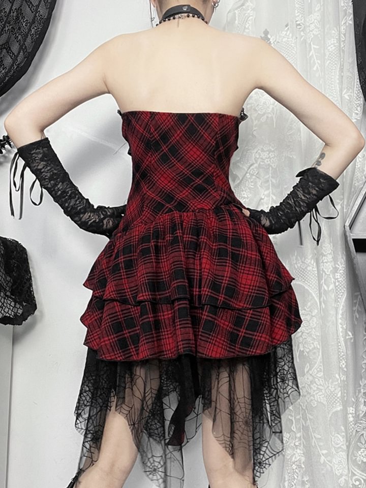 Goth Lolita Punk Lolita Black and Red Plaid Punk Dress Short Skirt JSK