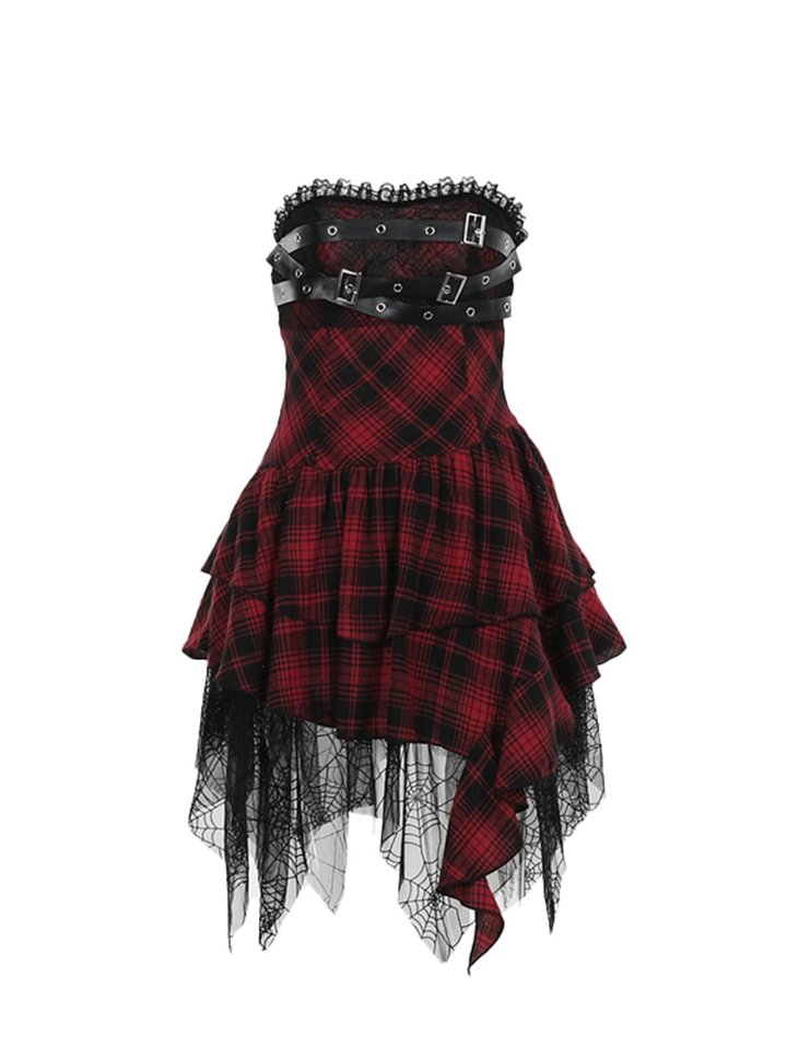 Goth Lolita Punk Lolita Black and Red Plaid Punk Dress Short Skirt JSK