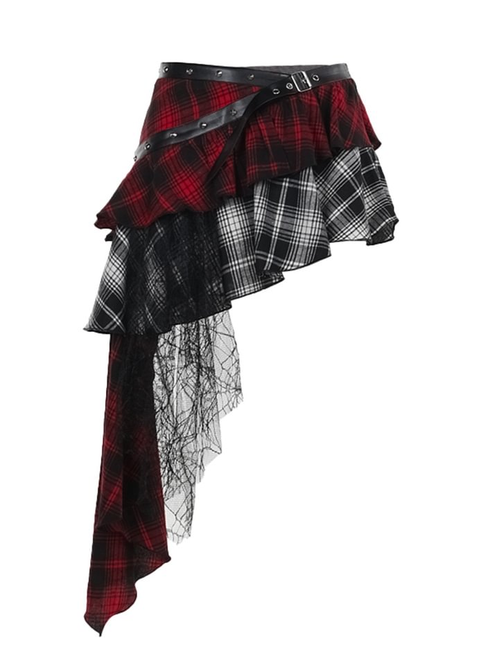 Goth Lolita Red and Black Plaid Irregular Punk Lolita Skirt Women Dress