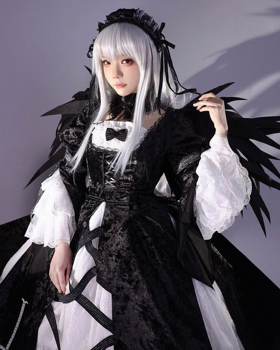 Goth Lolita Black Jacquard Long Dress Style Rococo for Halloween Which Costume Cosplay