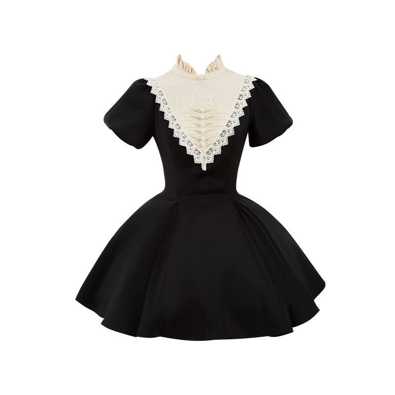 Goth Nun Black Long Short Op sleeved Apron Lolita Dress