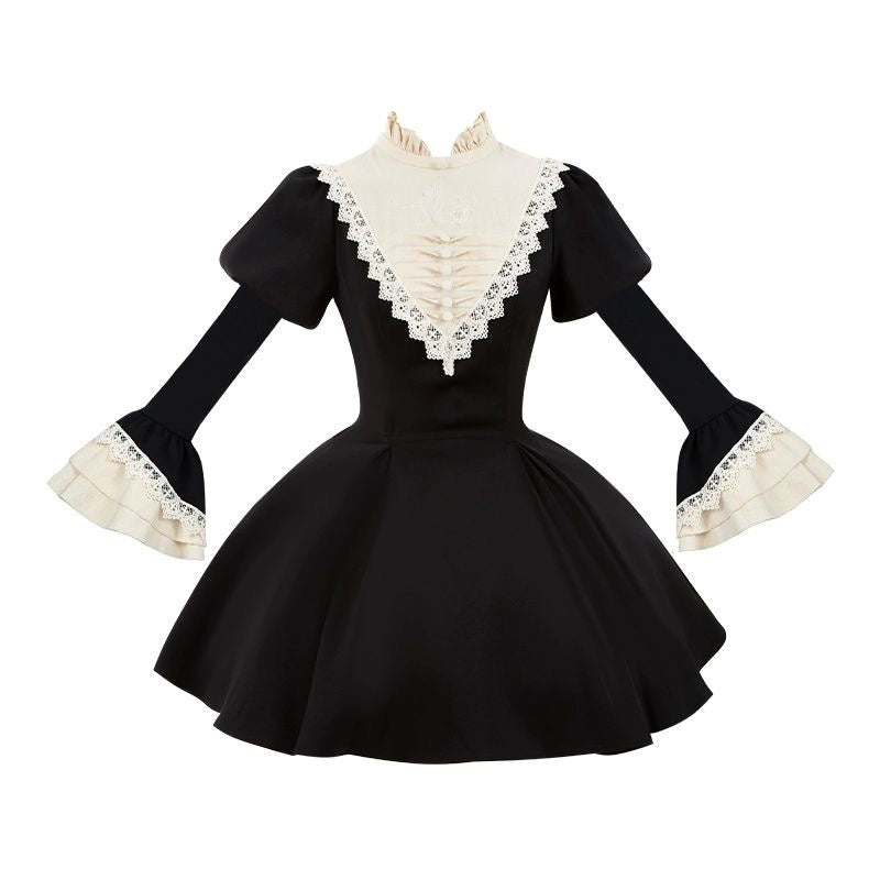 Goth Nun Black Long Short Op sleeved Apron Lolita Dress