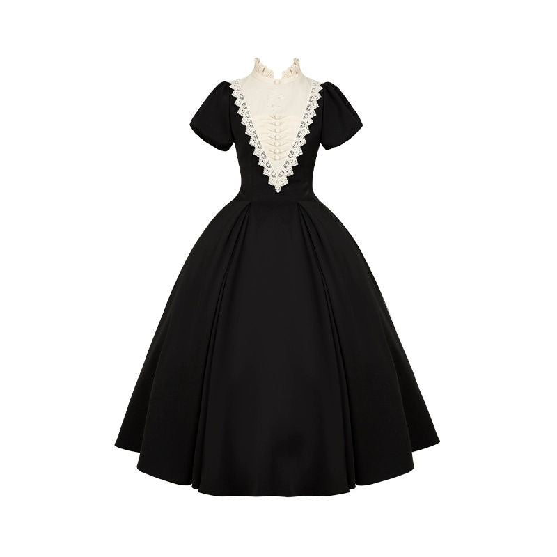 Goth Nun Black Long Short Op sleeved Apron Lolita Dress