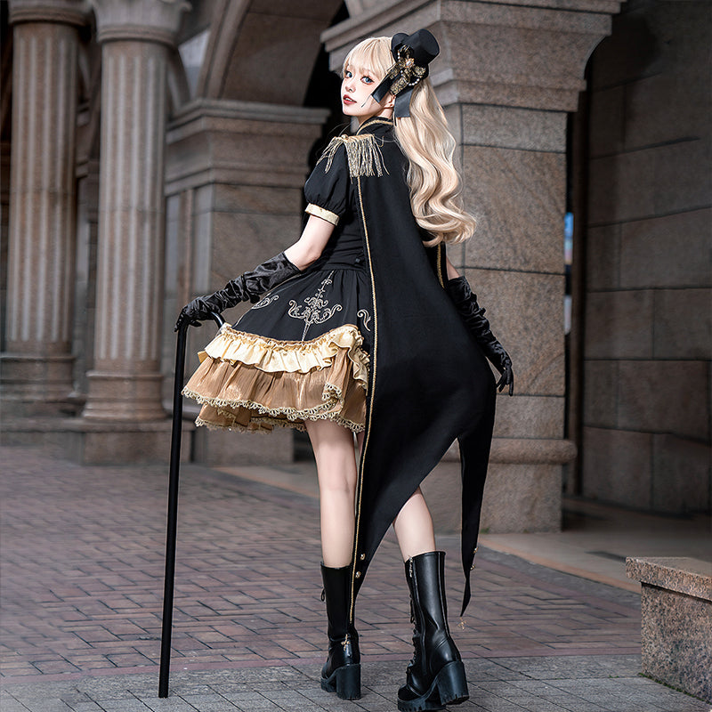 Goth Prom Dress Goth Lolita Gold Accent Steampunk Lolita Outfit Dress Cape Cloak Shawl