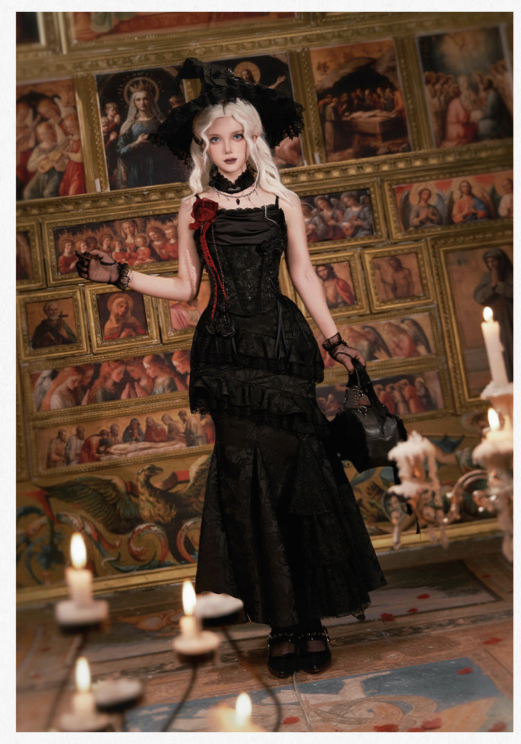 Goth Prom Set Black Victorian Inspired Ruffled Gowns Fish Tail Corset Skirt
