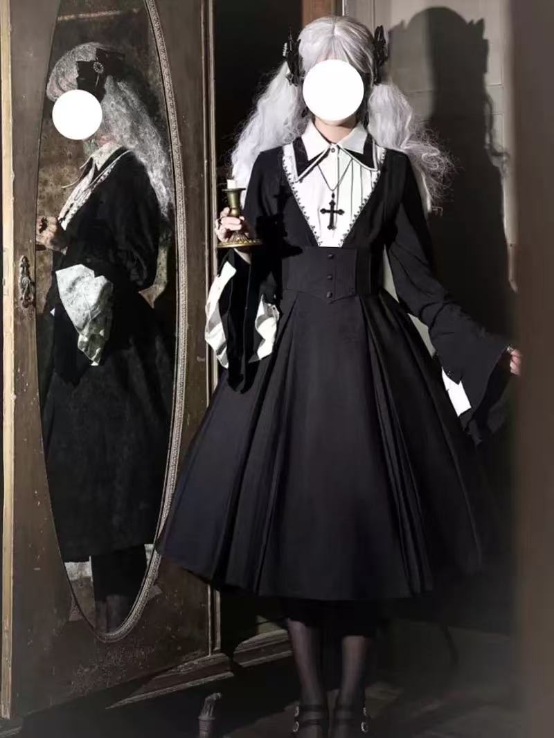 [Pre]Gothic Black Nun Cross Cosplay Dark Autumn Winter Plus Size OP Lolita Dress