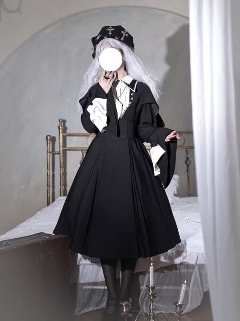 [Pre]Gothic Black Nun Cross Cosplay Dark Autumn Winter Plus Size OP Lolita Dress