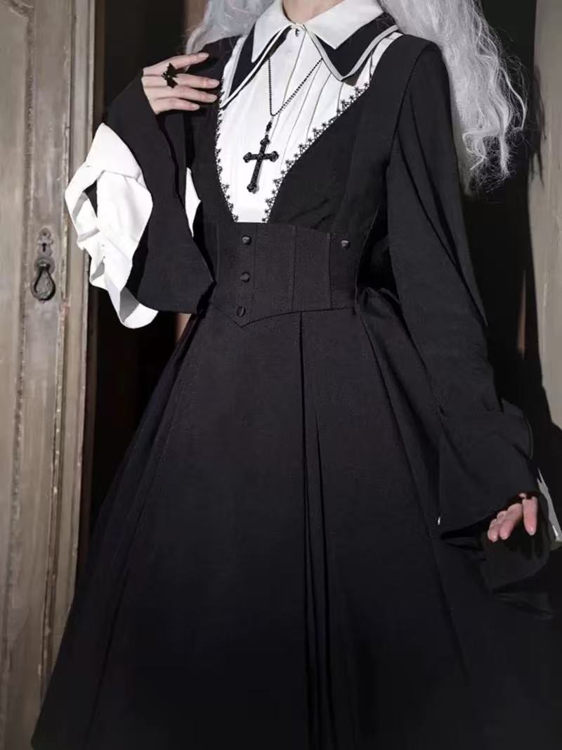 [Pre]Gothic Black Nun Cross Cosplay Dark Autumn Winter Plus Size OP Lolita Dress