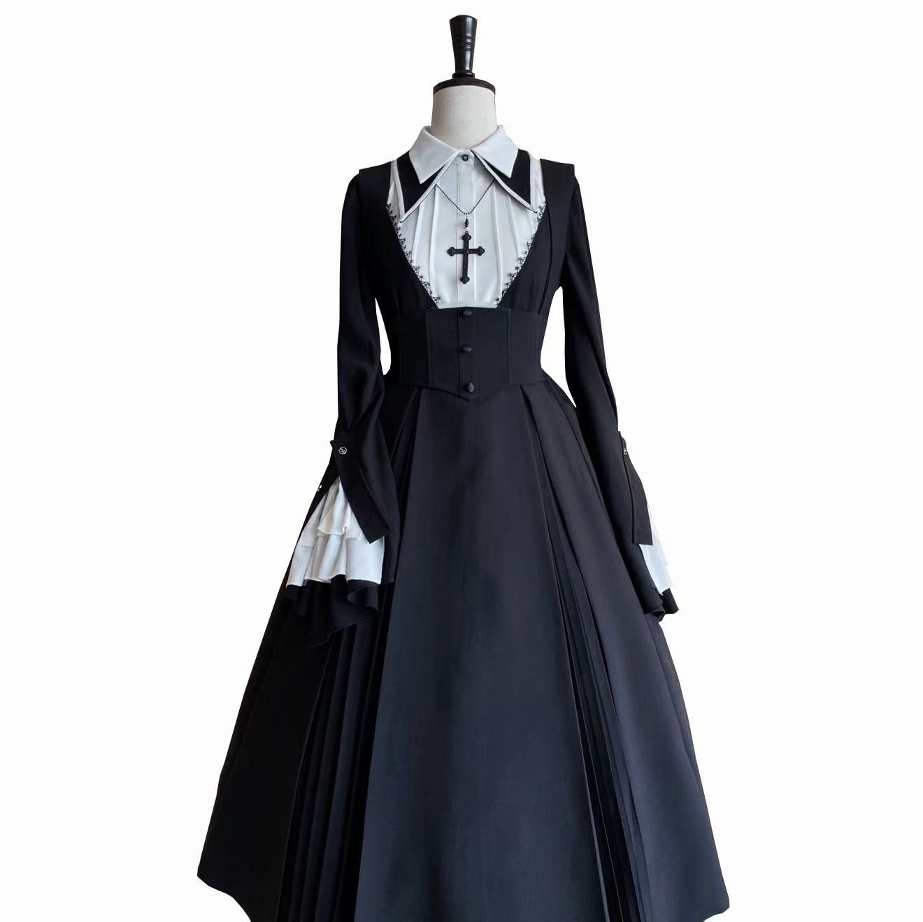 [Pre]Gothic Black Nun Cross Cosplay Dark Autumn Winter Plus Size OP Lolita Dress