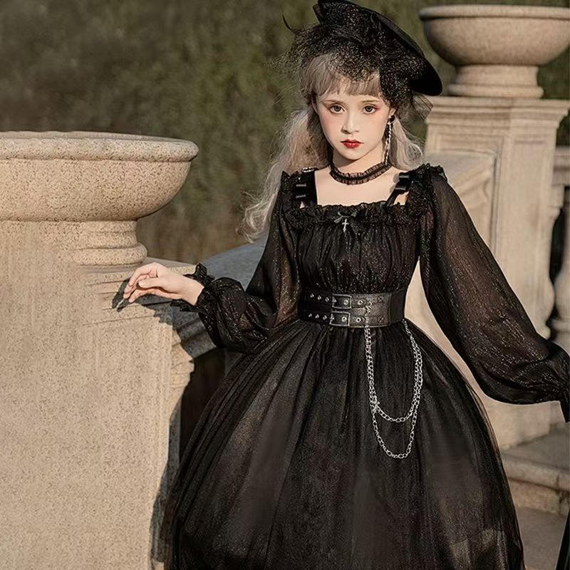 Gothic Lolita Black-red Ruffle Bow Strapless Long Sleeve Coolred Jumpsuit