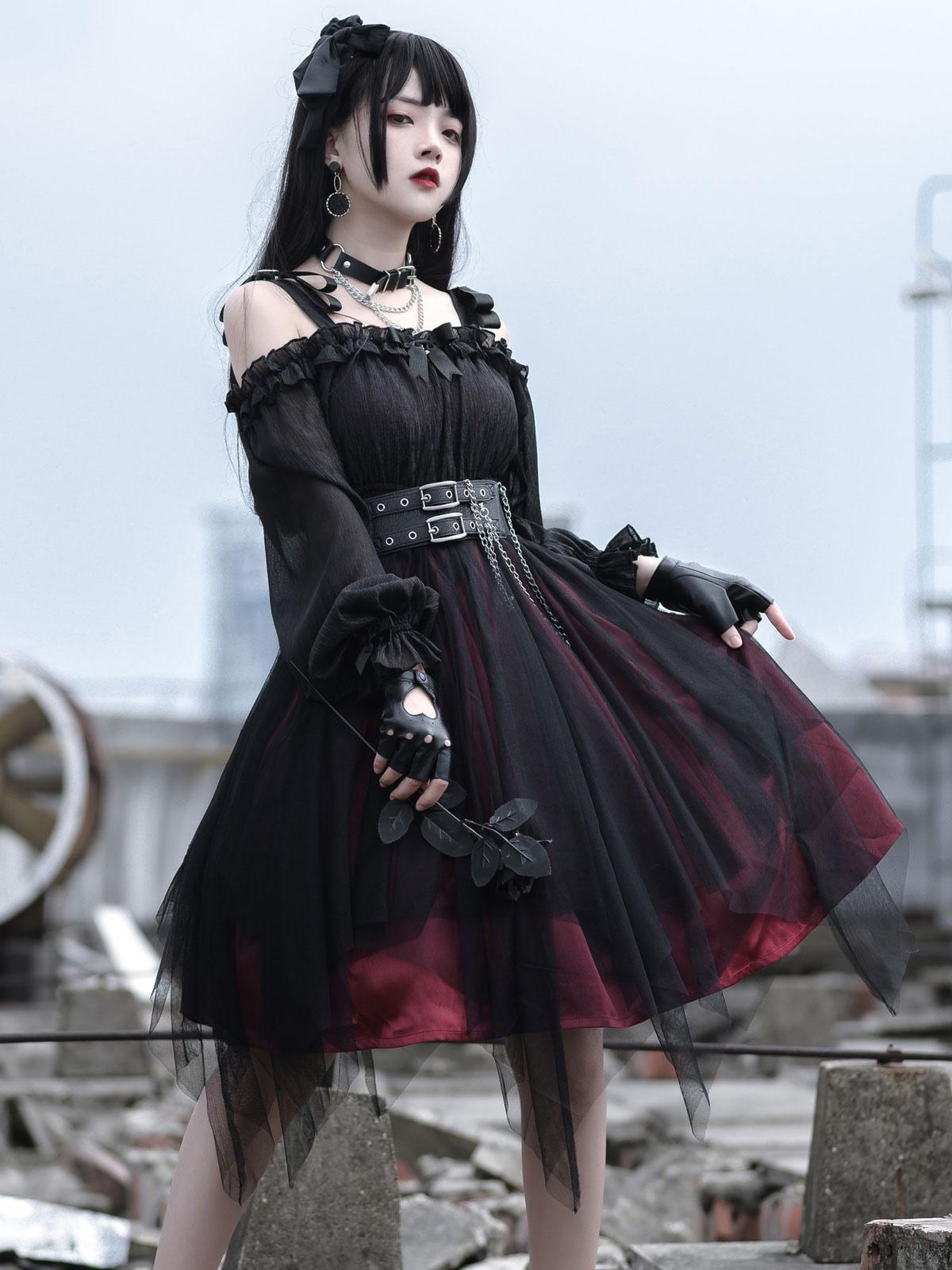 Gothic Lolita Black-red Ruffle Bow Strapless Long Sleeve Coolred Jumpsuit