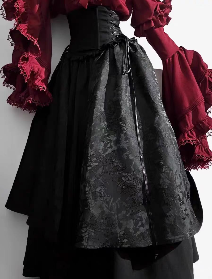 Gothic Christmas Clothing Black and Red Goth Lolita Long Dress Shirt Sleeve Skirt OP Top Blouse