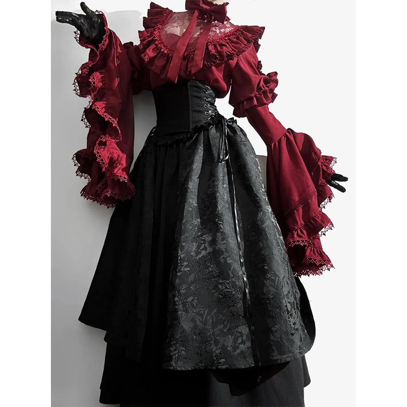 Gothic Christmas Clothing Black and Red Goth Lolita Long Dress Shirt Sleeve Skirt OP Top Blouse