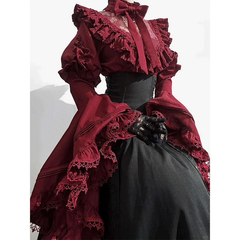 Gothic Christmas Clothing Black and Red Goth Lolita Long Dress Shirt Sleeve Skirt OP Top Blouse