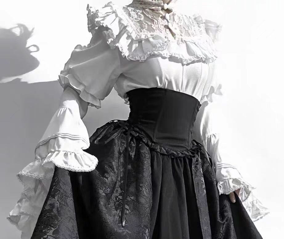Gothic Christmas Clothing Black and Red Goth Lolita Long Dress Shirt Sleeve Skirt OP Top Blouse