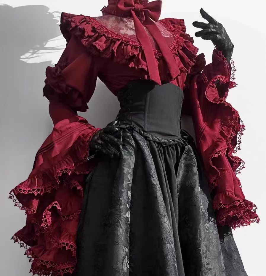 Gothic Christmas Clothing Black and Red Goth Lolita Long Dress Shirt Sleeve Skirt OP Top Blouse