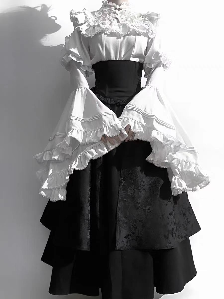 Gothic Christmas Clothing Black and Red Goth Lolita Long Dress Shirt Sleeve Skirt OP Top Blouse