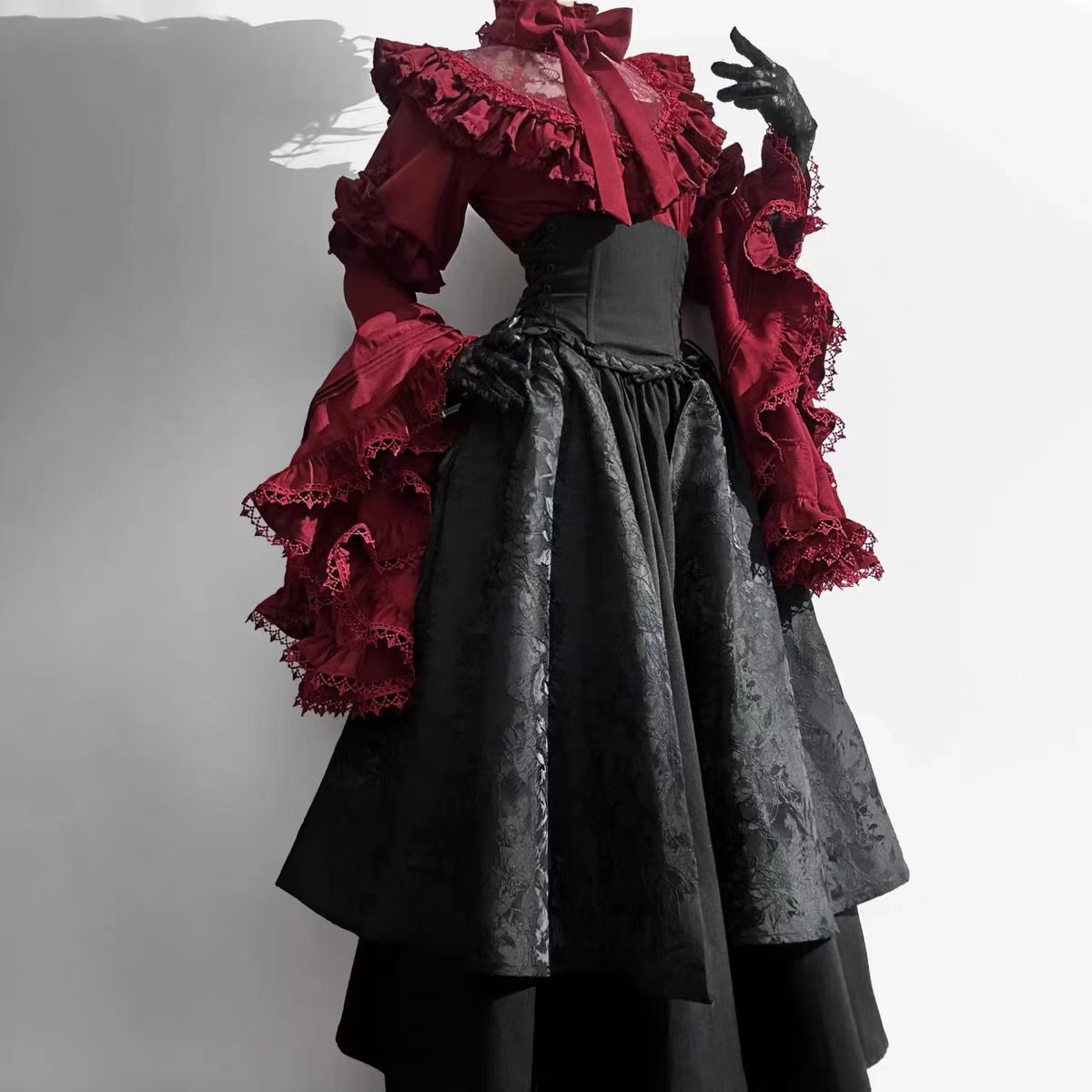 Gothic Christmas Clothing Black and Red Goth Lolita Long Dress Shirt Sleeve Skirt OP Top Blouse