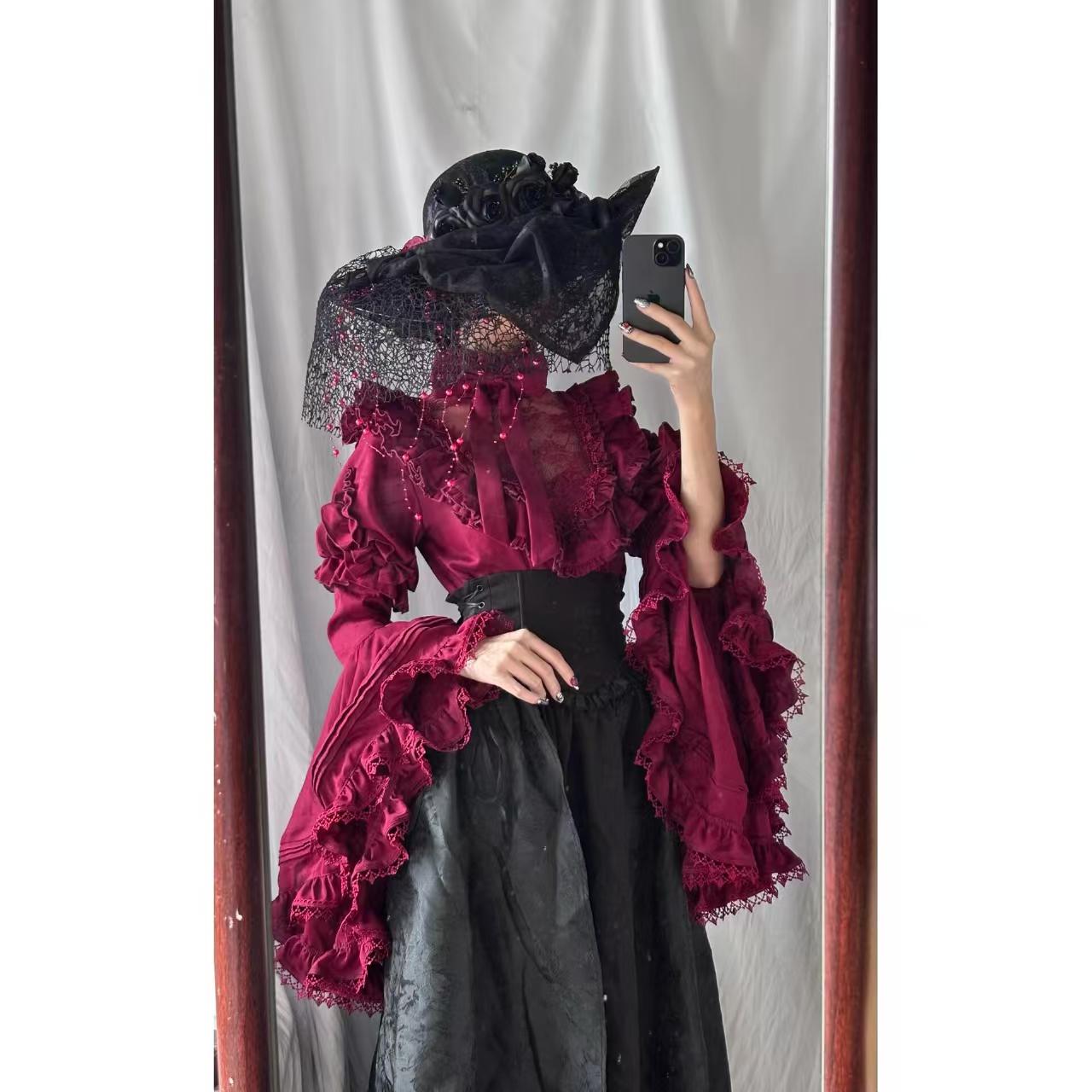 Gothic Christmas Clothing Black and Red Goth Lolita Long Dress Shirt Sleeve Skirt OP Top Blouse