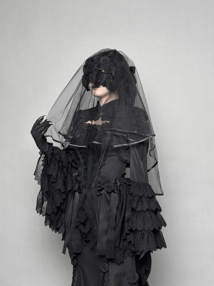 Gothic Lolita Black Lace Trimmed Veiled Gown Goth Prom Dress