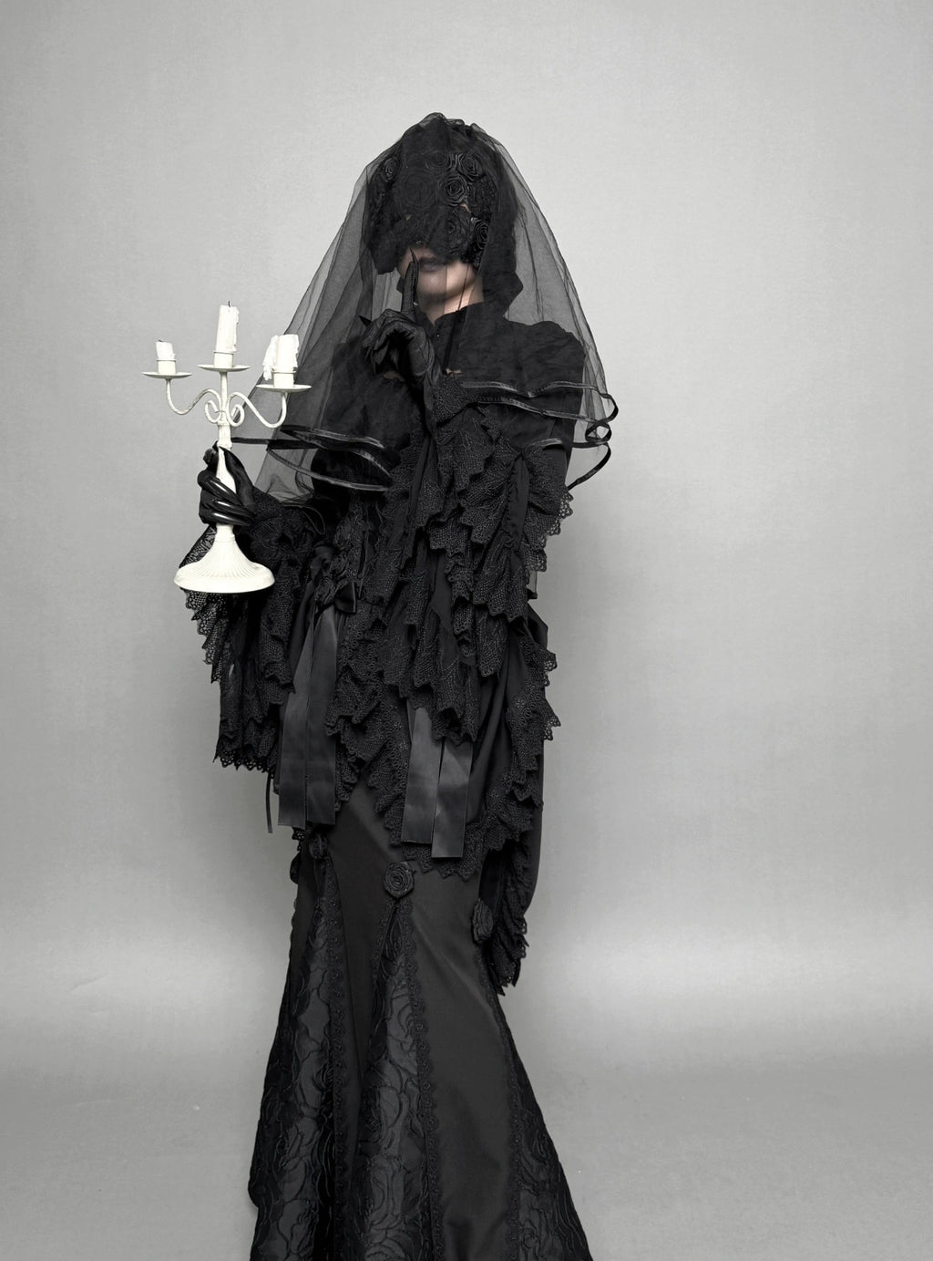 Gothic Lolita Black Lace Trimmed Veiled Gown Goth Prom Dress