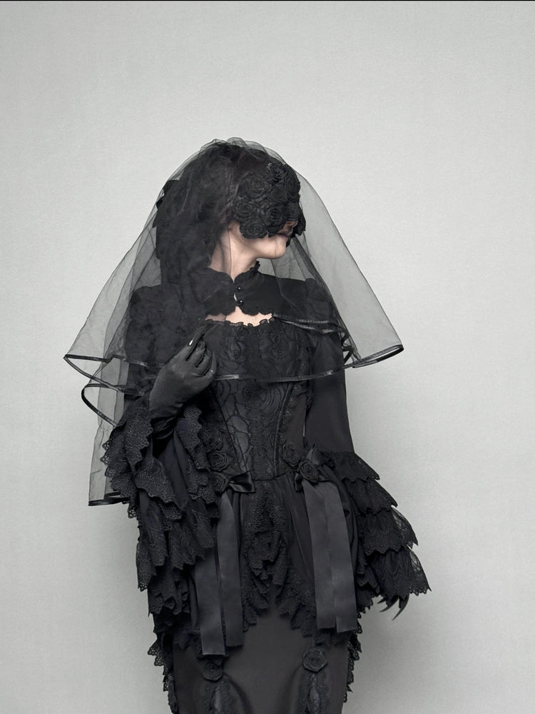 Gothic Lolita Black Lace Trimmed Veiled Gown Goth Prom Dress