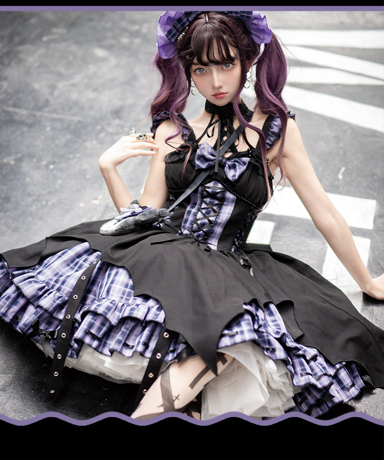 Punk Lolita Black Purple Plaid Accent Dress
