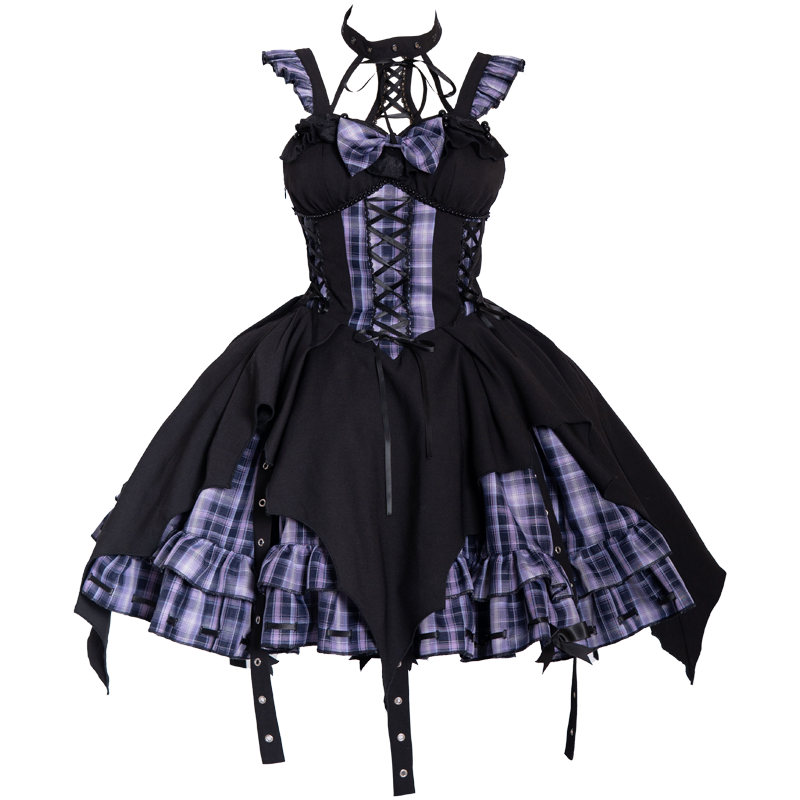 Punk Lolita Black Purple Plaid Accent Dress