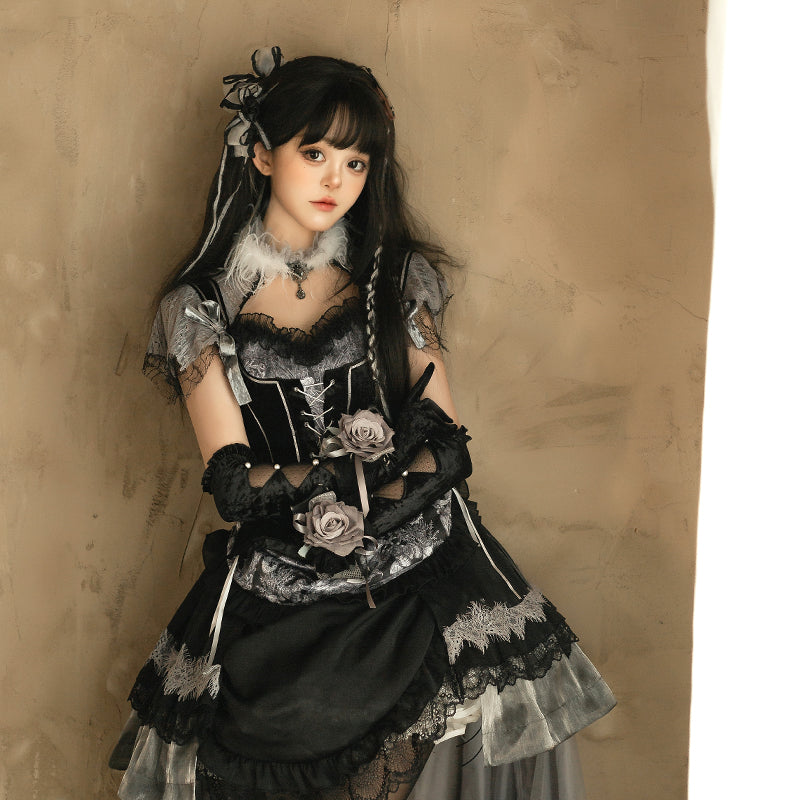 Gothic Lolita Black Silver Layer Ruffle Goth Prom Dress